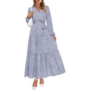 PrettyGarden Women Grey Blue Polyester V Neck Long Sleeve Floral Maxi Dress